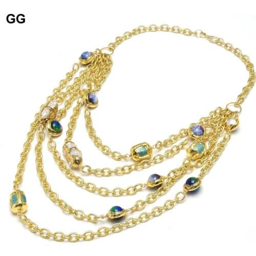 GuaiGuai Jewelry 5 Rows BlueTurquoises Pearl Purple Glass Quartzs Gold Plated Chain Layers Necklace 19" Handmade For Women