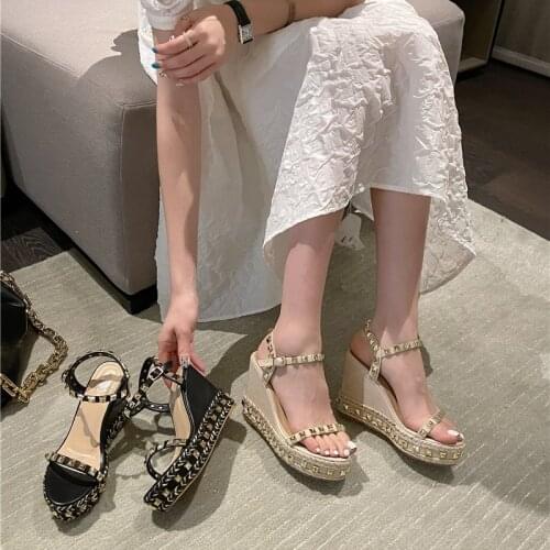 Female Sandal Clogs Wedge Comfort Shoes for Women High Heels Girls Platform Beige 2021 Studded High-heeled Bohemian Fashion Buck