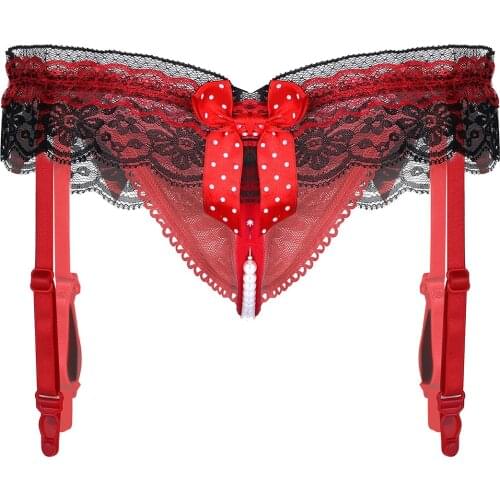 Women Sexy Lingerie Panties Crotchless Open Butt Lace Low Rise Pearl Massage G-string Thong Erotic Underwear Briefs with Garters