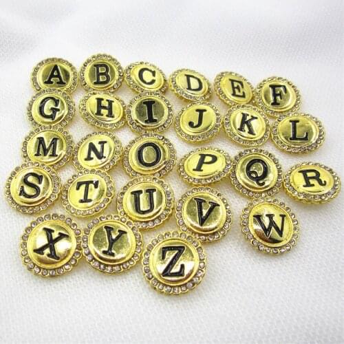 26pcs/lot Gold crystal Letters A-Z Alphabet snap buttons charms for button Bracelet&Bangles DIY Snap Jewelry Charms