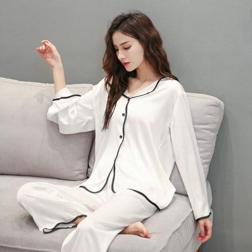 White Pajamas Set Satin Womens Long Sleeve Sleepwear Pyjamas Suit Casual 2PCS Shirt&Pants PJS Summer Home Nightwear Lingerie