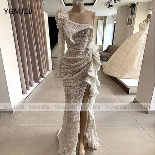 Sparkly Sequin Silver Evening Dresses 2020 Mermaid Long Single Sleeve Sexy High Slit African Women Formal Party Prom Gowns