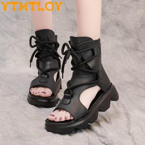 Sandals Summer Martin Boots Womens Slope With Platform Sandals Fish Mouth Short Boots Women Retro Strappy High-top Roman Sandal