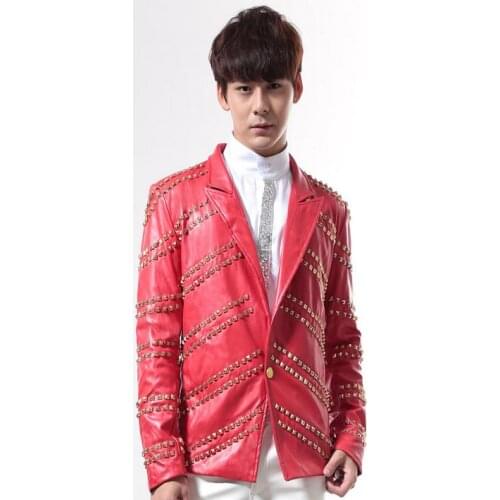 Europe singer bar Rock Punk rivets coat red leather jacket men personality performances costume jaqueta de couro 1 stage