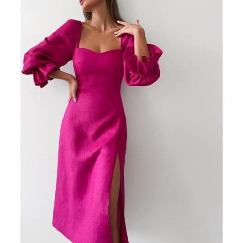 Foridol Rose Red Square Colloar Slit Midi Party Dress Half Sleeve Elegant Autumn Winter Christmas Dress Vestidos De Fiesta 2021