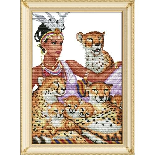 Joy Sunday New Needlework Diy Painting Cross Stitch Embroidery set The Indian and The Leopards cross stitch kits Home Decoration