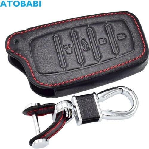 Leather Car Key Cover For Toyota Miral Fortuner Rav4 Highlander Crown 4 Buttons Smart Remote Fob Case Keychain Protector Bag