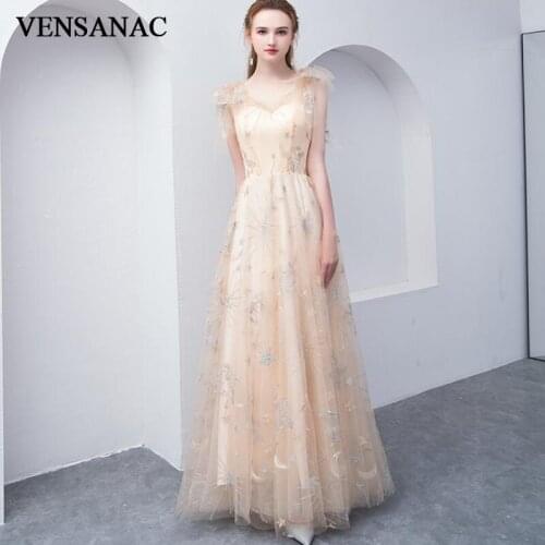 VENSANAC Illusion V Neck Lace Appliques A Line Long Evening Dresses Elegant Party Tulle Tank Prom Gowns