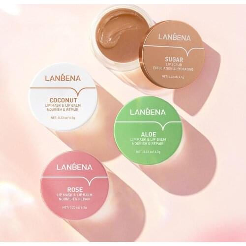 LANBENA 4 Colors Lip Mask Nourishing Moisturizing Repair Dry Exfoliator Scrub Lips Patches Rose Coconut Oil Aloe Vera SKin Care