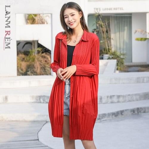 LANMREM Autumn Coat For Women 2021 New Pleated Jacket Coat Loose Side Split Long Sleeve Single Breasted Outwear 2D6132