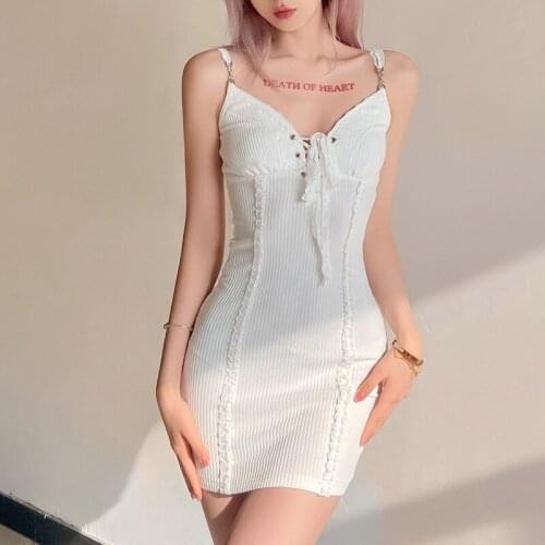 Summer Women Dress Sexy Lace Suspender Fashion Solid Color Lace-up Backless Skinny Short Mini Dress Sundress Female Ladies New