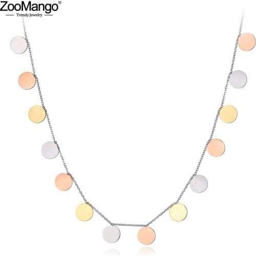 ZooMango Trendy Original Titanium Stainless Steel Three Color Wafer Charm Necklace Pendant Chain Necklace For Women ZN19070