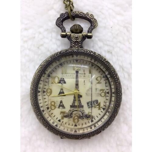 Fashion Glass Case Eiffel Tower Dial Design Pendant Pocket Watch With Necklace Chain Free Shipping 20pca