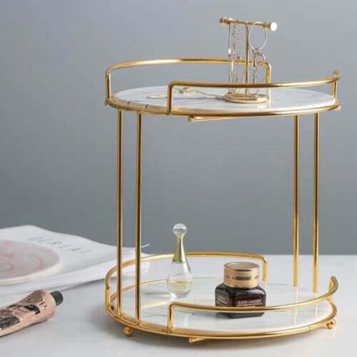 Marble Texture Double Layer Makeup Stand Home Golden Metal Wrought Iron Decorative Trays Dressing Table Cosmetic Display Rack