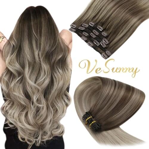 VeSunny Clip in Human Hair Extensions Clip in Extensions Remy Human Hair Double Weft Clip in Ombre Hair Extensions 7pcs/120g