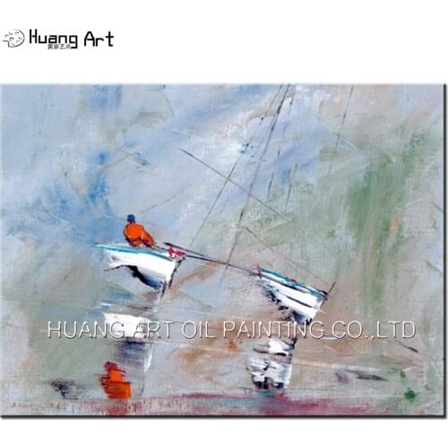 New Hand Painted Modern Sea Landscape Oil Painting on Canvas Abstract Sea Boat for Living Room Decor Handmade Wall Art Seascape