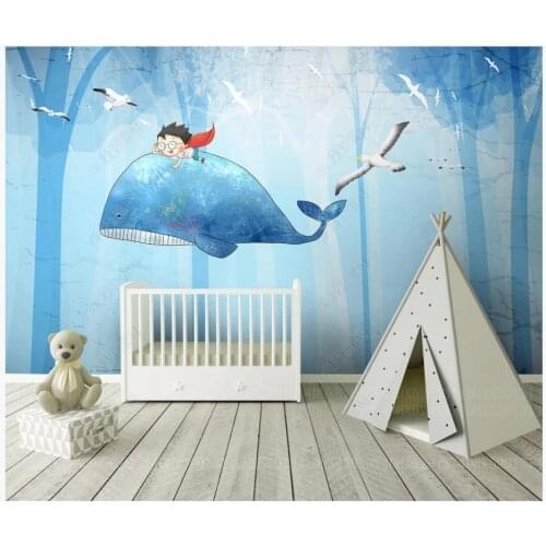 Custom photo wallpaper for walls 3 d murals Modern hand drawn boy fish forest cute cartoon children room background wall papers