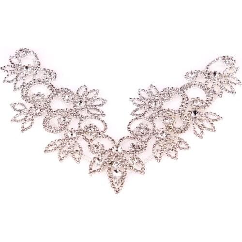 Sew-on Silver Rhinestone Applique Embellishment For Wedding Dress New Design Handmade Welding Crystal Patch Rhinestone Neckline