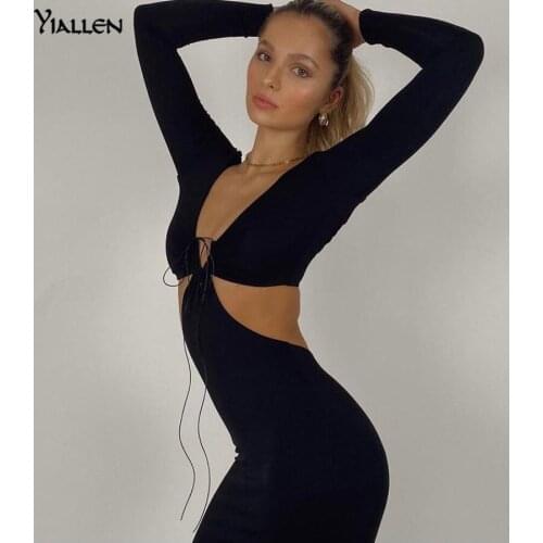 Yiallen Sexy Deep V-Neck Long Dress Women Solid Skinny Fitness Full Sleeve Streetwear Back Split Elegant Party Dress Hot