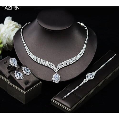 Wedding Dress Jewelry Set Luxury Full Zircon Necklace Bracelet Earrings Ring Bride Platinum CZ Party Birthday Ornament For Women