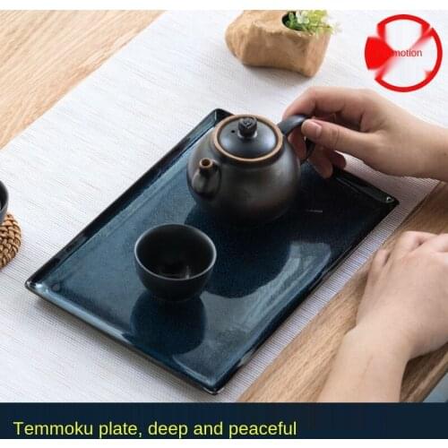 Handmade Vintage Temmoku Glaze Tea Tray Ceramic Kung Fu Tea Set Bamboo Tea Tray Creative Pot Tray Tea Table Tea Tray Food Tray