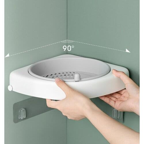 Bathroom Corner Triangle Shelf Shower Caddy Punch-free Rotating Rack Draining Design with Small Hook for Toilet Kitchen