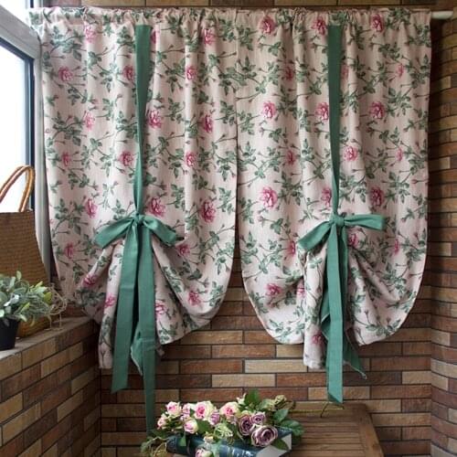 Rose Country Flower Cotton Linen Curtain Coffee Door Tie Curtains Free Perforation Bedroom Short Curtains For The Room