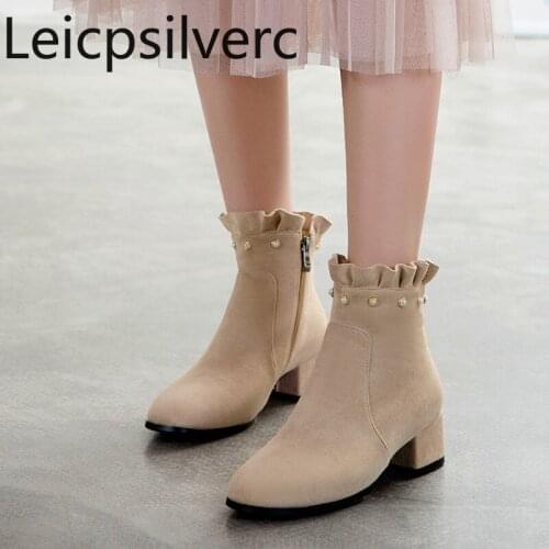 Womens Boots The New Autumn And Winter Square head fashion zipper mid heel Short tube Womens shoes plus size 31-45 4.5cm high