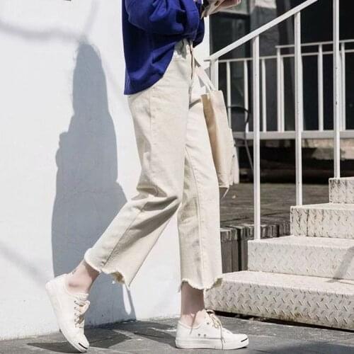 Women Pants Autumn Solid Color Loose Denim Wide Leg Loose Elastic High Waist Tie Straight Casual Pants Y6