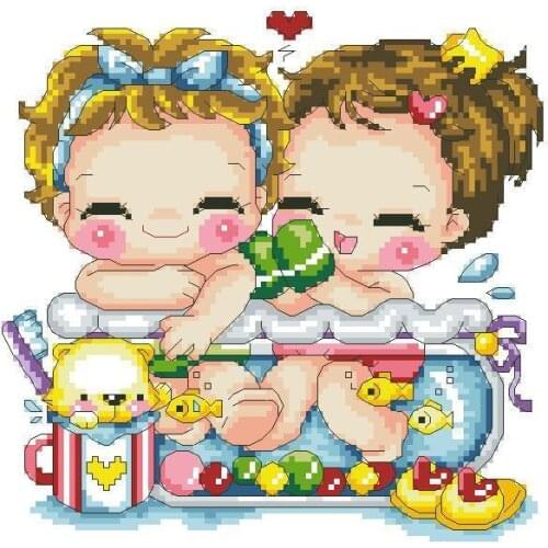 Gold Collection Lovely Counted Cross Stitch Kit Korean Cuties Love Shower Bathing Bath Washing Little Boy and Girl SO