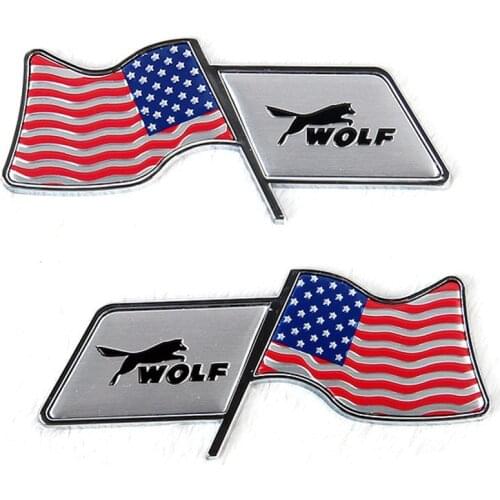 1 Set Wolf with American / Racing Flag Logo Car Fender Side Left and Right Sticker Decal Emblem