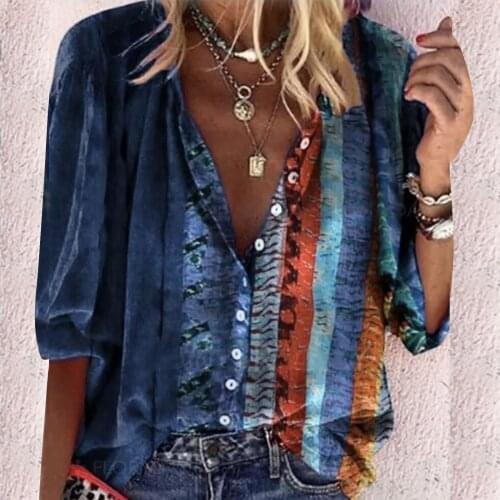 40# Gothic T-Shirts women Tie Dye Print Buttons Plus Size Clothes V-neck Long Sleeve T-Shirt chic Office tee Top Рубашка