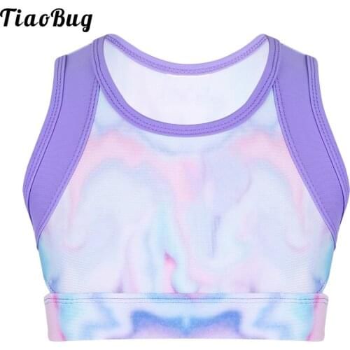 TiaoBug Kids Girls Colorful Stretchy Sleeveless Tie-Dye Tanks Crop Top For Ballet Dance Stage Performance Workout Swimming