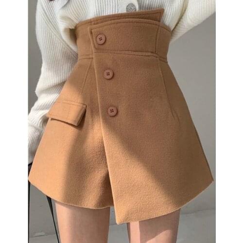 Elegant Wool Sktrts Women Winter High Waist Solid Button Short Mini Skirts Female Office Lady Casual Korean Skirts Women 2021