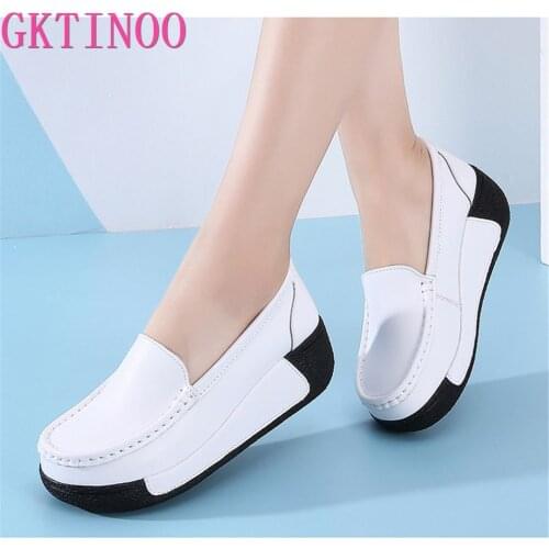 GKTINOO Women White Nursing Shoes Brand Slip on Platform Loafers Lady Mom Genuine Leather Work Vulcanize Shoes Zapatillas Mujer