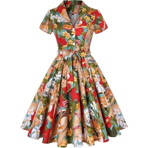 Hepburn style Floral Print Vintage Clothes for Women Retro Short Sleeve Lace-up Big Swing Dress 50s 60s Cotton Dress with belt
