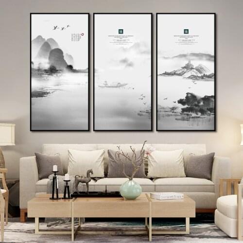 New Chinese Style Canvas Oil Painting Landscape Scenery Ink Painting Decoration Bedroom Murals Three Sheets/set Without Frame