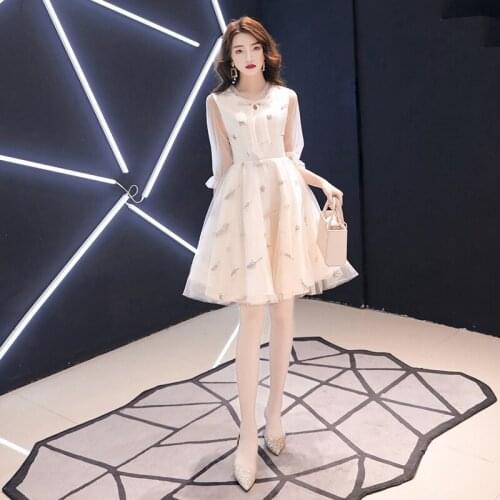 Special Occasion Dress Illusion V-Neck Half Tulle Lace Sequined A-Line Luxury Champagne Knee-Length Elegant Women Prom Gown E832