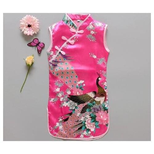 Summer girls' cheongsam Chinese style peacock pattern dress Chinese national costume