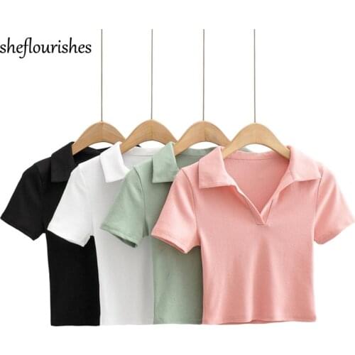 Summer t shirt women short sleeve polo shirts korean knitted t shirt elegant slim polo shirt solid basic cropped top pink white