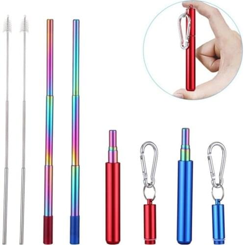 Reusable Stainless Steel Straws with Aluminum Keychain Case Cleaning Brush Collapsible Telescopic Portable Drinking Straws