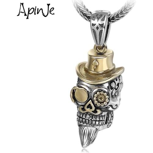Apinje S925 Sterling Silver Skull Necklace Pendant for Men Personality Thai Silver Punk Gothic Jewelry