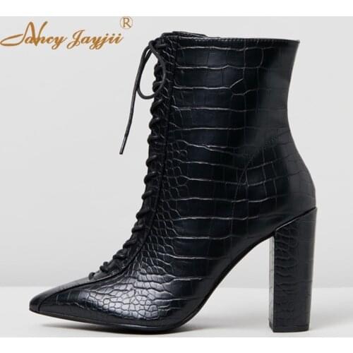 Female Winter Booties Shoes Black Snakeskin Pointed Toe Ankle Boots Woman High Block Heels Zipper Lace Up Small Size 4 6 Mature