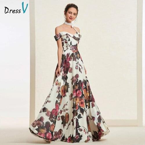 Dressv printing long prom dress off the shoulder a line simple zipper up floor length evening party gown prom dresses