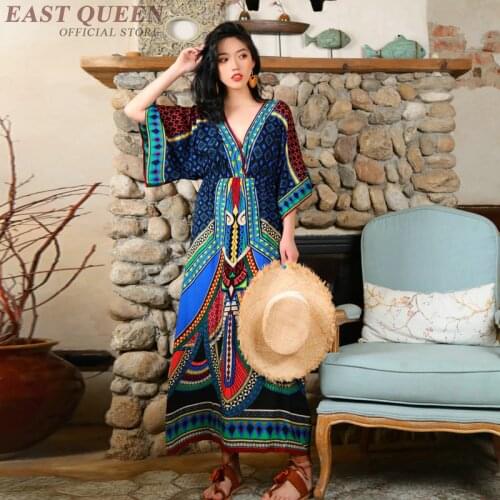 Bohemian Dresses Summer 2019 Beach Holiday Dress V Neck Long Thailand Mexican Print Loose Casual Dresses For Women 2019 AA4909