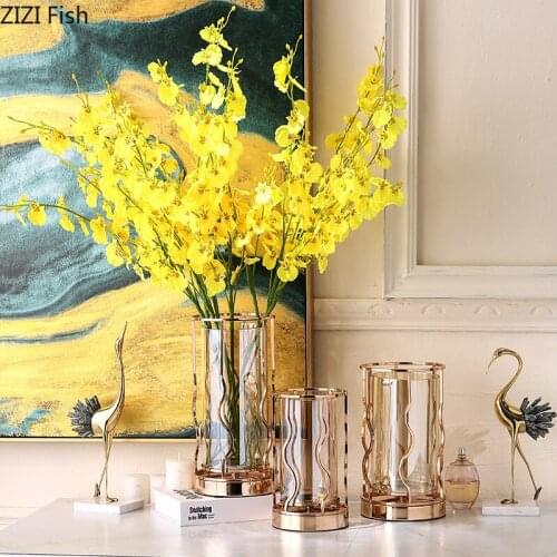 Transparent Glass Vase Golden Pink Flower Arrangement Desktop Ornaments Hydroponic Flowers Vases Modern Floral Home Decoration