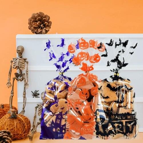 50pcs Pumpkin Bat Spider Skull Printted Transparent Clear Gift Bag for Halloween Gift Baking Candy Cookie Biscuit Packaging Bags