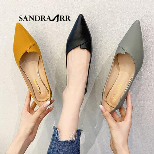 SANDRA JRR Leather Pumps Shoes Women Med Square Heel Pointed Toe Slip On Office Lady Work Heels Casual Daily Shoes