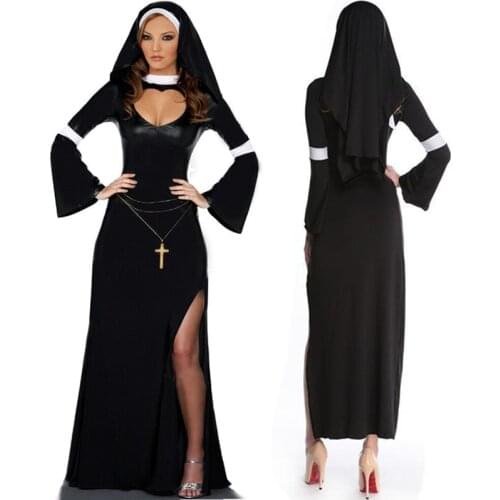 Sexy Nun Costume Adult Women Cosplay Dress With Black Hood For Halloween Costume Cosplay Party Dress Black Costume