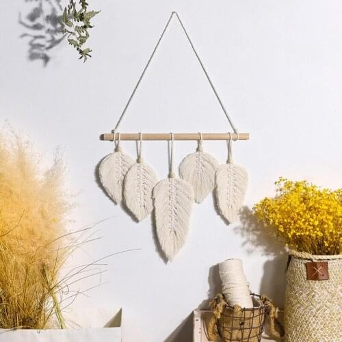 Nordic Tassel Leaves Bohemian Tapestry Hand-woven Mural Wooden Stick Wall Hanging Decor Cotton Decorative for Bedroom